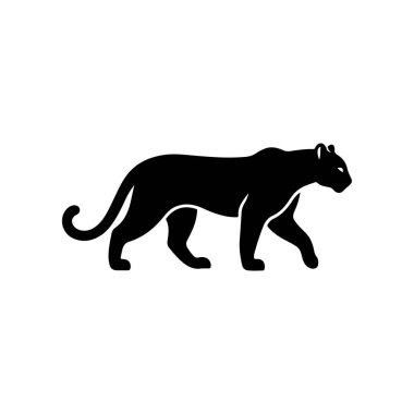 A bold black vector silhouette of a prowling or walking black panther cougar or mountain lion. The design is simple and dynamic representing speed power and wild nature.