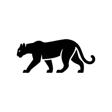 A bold black vector silhouette of a prowling or walking black panther cougar or mountain lion. The design is simple and dynamic representing speed power and wild nature.