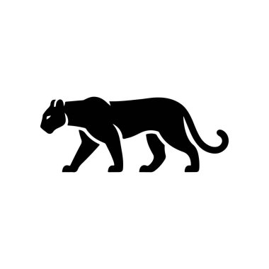 A bold black vector silhouette of a prowling or walking black panther cougar or mountain lion. The design is simple and dynamic representing speed power and wild nature.