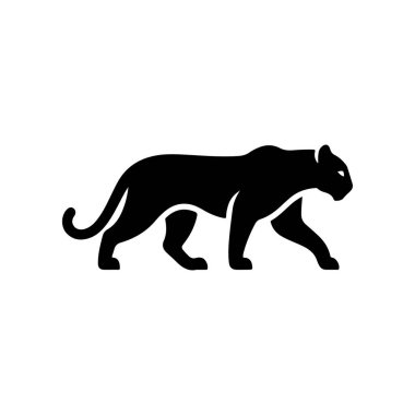 A bold black vector silhouette of a prowling or walking black panther cougar or mountain lion. The design is simple and dynamic representing speed power and wild nature.