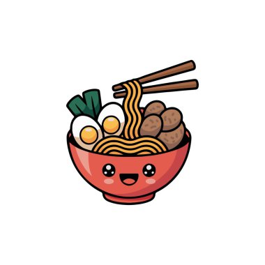 A colorful vector illustration of a cute happy ramen bowl character with a smiling face and large eyes filled with noodles eggs and narutomaki fish cake.