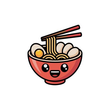 A colorful vector illustration of a cute happy ramen bowl character with a smiling face and large eyes filled with noodles eggs and narutomaki fish cake.