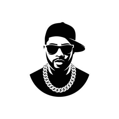 Beyzbol şapkası, güneş gözlüğü takan ve hip-hop kültürünü ve müziği sembolize eden kalın altın zincirli bir erkek rapçi logosu..