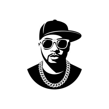 Beyzbol şapkası, güneş gözlüğü takan ve hip-hop kültürünü ve müziği sembolize eden kalın altın zincirli bir erkek rapçi logosu..