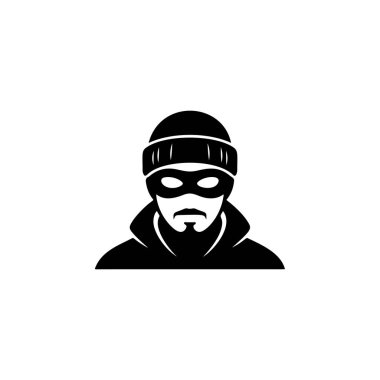 Bıyıklı, bereli ve maskeli bir adamın siyah-beyaz vektör ikonu. Soyguncuyu, hırsızı ya da suç faaliyetini ve tehlikeyi simgeliyor..
