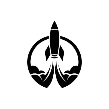 Bir dairenin içine yerleştirilmiş dumanlı bir roketin cesur siyah ve beyaz vektör logosu, girişimi, yeniliği, hızı ve başarıyı simgeliyor..