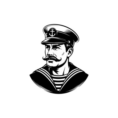 Klasik denizci ya da kaptan portre vektörü. Çapalı ve gidon bıyıklı bir denizci şapkası var. Klasik deniz ya da deniz macerası temaları için tek renkli deniz maskotu logosu.