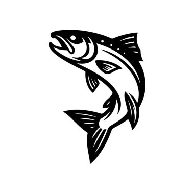 Sudan atlayan alabalık ya da somon balığının cesur siyah vektör silueti. Tasarım basit ve dinamik balıkçılık doğasını ve vahşi yaşamı temsil ediyor..