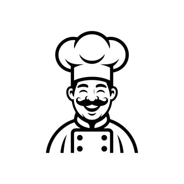 Profesyonel gülümseyen bir aşçının ya da fırıncının şapkası ve üniforması olan basit bir siyah beyaz vektör avatarı. Adamın klasik bir bıyığı ve dostça bir ifadesi var..