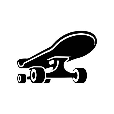 Klasik bir kaykayın kalın siyah vektör silueti alçak açıdan görülüyor. Basit tasarım, aksiyon sporları ve şehir kültürünü temsil eden kamyon ve tekerlekleri içeriyor..