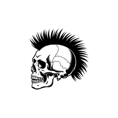 Sivri saçlı bir kafatasının yan profil vektörü. Saldırgan monokrom tasarımı punk rock grubu logosu, motorcu dövmesi, asi ruh ya da kulüp amblemi için mükemmel..