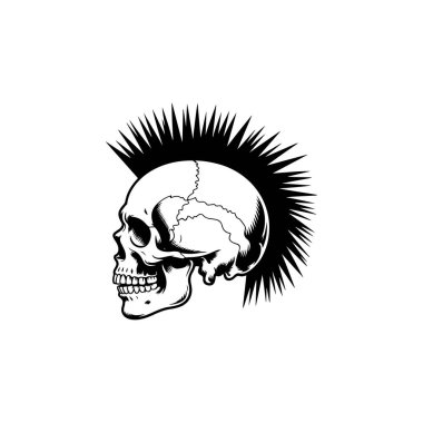 Sivri saçlı bir kafatasının yan profil vektörü. Saldırgan monokrom tasarımı punk rock grubu logosu, motorcu dövmesi, asi ruh ya da kulüp amblemi için mükemmel..
