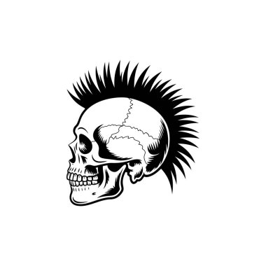 Sivri saçlı bir kafatasının yan profil vektörü. Saldırgan monokrom tasarımı punk rock grubu logosu, motorcu dövmesi, asi ruh ya da kulüp amblemi için mükemmel..