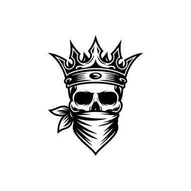 Kraliyet tacı takan bir insan kafatasının vahşi siyah ve beyaz vektör logosu ve alt yüzünü kaplayan bir bandana isyankar kraliyet veya gücü simgeliyor..