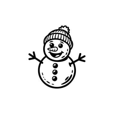 Sevimli, mutlu, iki toplu bir kardan adam maskotunun basit bir siyah-beyaz çizimi. Çubuk kolları havada örülü bir şapka takıyor. Tarzı çocukça..