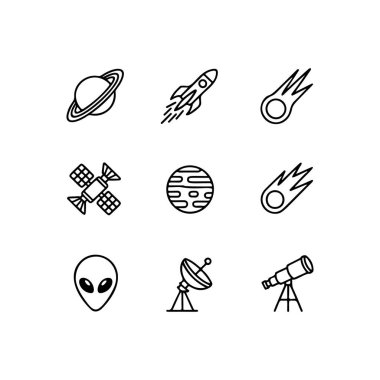 Dokuz uzay kümesi ve astronomi ana hatları ikonlar, gezegenler, uydu, roket, teleskop, uzaylı kafası ve meteor. Mobil uygulamalar veya web tasarımı için basit vektör sembolleri.