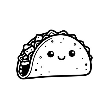 Gülümseyen yüzü ve büyük gözleri olan sevimli, mutlu bir taco maskotunun basit bir siyah beyaz çizimi. Sert kabuk et ve marul ile doludur..