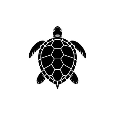 Yukarıdan görülen bir deniz kaplumbağasının çarpıcı siyah ve beyaz vektör ikonu, kabuğunda altıgen bir desen barındırıyor, doğayı, yavaş hareketi ve korunmayı simgeliyor..