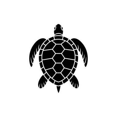 Yukarıdan görülen bir deniz kaplumbağasının çarpıcı siyah ve beyaz vektör ikonu, kabuğunda altıgen bir desen barındırıyor, doğayı, yavaş hareketi ve korunmayı simgeliyor..