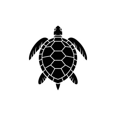 Yukarıdan görülen bir deniz kaplumbağasının çarpıcı siyah ve beyaz vektör ikonu, kabuğunda altıgen bir desen barındırıyor, doğayı, yavaş hareketi ve korunmayı simgeliyor..