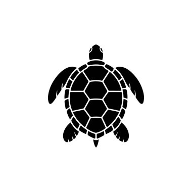 Yukarıdan görülen bir deniz kaplumbağasının çarpıcı siyah ve beyaz vektör ikonu, kabuğunda altıgen bir desen barındırıyor, doğayı, yavaş hareketi ve korunmayı simgeliyor..