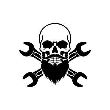 Çapraz anahtarı olan sakallı kafatası maskotu. Tamirci dükkanı, garaj, oto tamir servisi, motosiklet kulübü veya özel tasarım mühendislik için tek renkli logo.