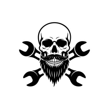 Çapraz anahtarı olan sakallı kafatası maskotu. Tamirci dükkanı, garaj, oto tamir servisi, motosiklet kulübü veya özel tasarım mühendislik için tek renkli logo.