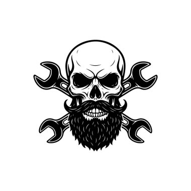 Çapraz anahtarı olan sakallı kafatası maskotu. Tamirci dükkanı, garaj, oto tamir servisi, motosiklet kulübü veya özel tasarım mühendislik için tek renkli logo.