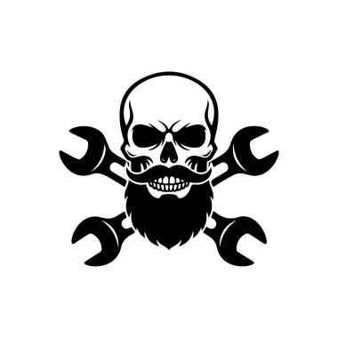 Çapraz anahtarı olan sakallı kafatası maskotu. Tamirci dükkanı, garaj, oto tamir servisi, motosiklet kulübü veya özel tasarım mühendislik için tek renkli logo.