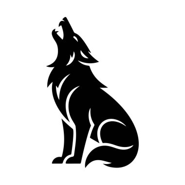 Oturduğu yerden yukarıya doğru uluyan bir kurdun çarpıcı siyah beyaz vektör logosu özgürlüğü, doğayı, vahşi doğayı ve sürü ruhunu simgeliyor..