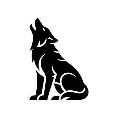 Oturduğu yerden yukarıya doğru uluyan bir kurdun çarpıcı siyah beyaz vektör logosu özgürlüğü, doğayı, vahşi doğayı ve sürü ruhunu simgeliyor..