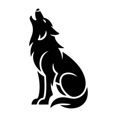 Oturduğu yerden yukarıya doğru uluyan bir kurdun çarpıcı siyah beyaz vektör logosu özgürlüğü, doğayı, vahşi doğayı ve sürü ruhunu simgeliyor..