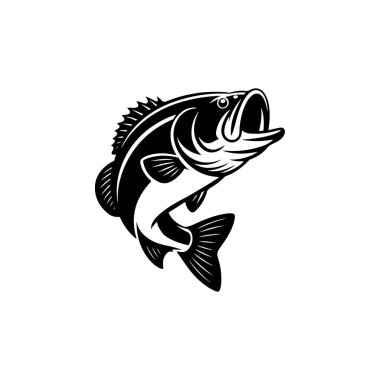 Ağzı açık sıçrayan levrek balığının dinamik siyah ve beyaz vektör çizimi. Balık amblemleri, amblemler, giysi ya da takım maskotu tasarımı için mükemmel..