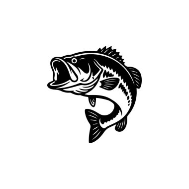 Ağzı açık sıçrayan levrek balığının dinamik siyah ve beyaz vektör çizimi. Balık amblemleri, amblemler, giysi ya da takım maskotu tasarımı için mükemmel..