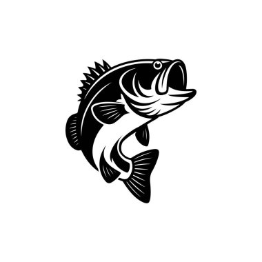 Ağzı açık sıçrayan levrek balığının dinamik siyah ve beyaz vektör çizimi. Balık amblemleri, amblemler, giysi ya da takım maskotu tasarımı için mükemmel..