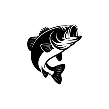 Ağzı açık sıçrayan levrek balığının dinamik siyah ve beyaz vektör çizimi. Balık amblemleri, amblemler, giysi ya da takım maskotu tasarımı için mükemmel..