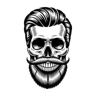 Kalın sakallı, gidon bıyıklı, berber dükkanı logoları, dövmeleri ya da tişört tasarımları için mükemmel bir insan kafatası çizimi..