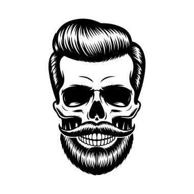 Kalın sakallı, gidon bıyıklı, berber dükkanı logoları, dövmeleri ya da tişört tasarımları için mükemmel bir insan kafatası çizimi..