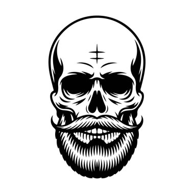 Kalın sakallı, gidon bıyıklı, berber dükkanı logoları, dövmeleri ya da tişört tasarımları için mükemmel bir insan kafatası çizimi..