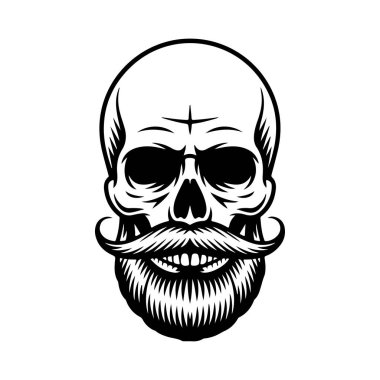 Kalın sakallı, gidon bıyıklı, berber dükkanı logoları, dövmeleri ya da tişört tasarımları için mükemmel bir insan kafatası çizimi..