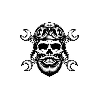 Sakallı bir kafatasının siyah-beyaz çizimi klasik bir motosiklet kaskı takıyor ve arkasında çapraz anahtarlar olan gözlükler takıyor. Motorcu ve garaj logoları için ideal..