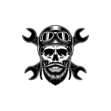 Sakallı bir kafatasının siyah-beyaz çizimi klasik bir motosiklet kaskı takıyor ve arkasında çapraz anahtarlar olan gözlükler takıyor. Motorcu ve garaj logoları için ideal..