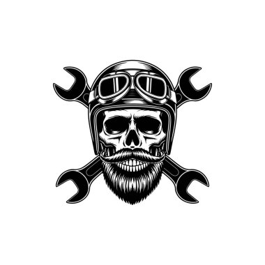 Sakallı bir kafatasının siyah-beyaz çizimi klasik bir motosiklet kaskı takıyor ve arkasında çapraz anahtarlar olan gözlükler takıyor. Motorcu ve garaj logoları için ideal..