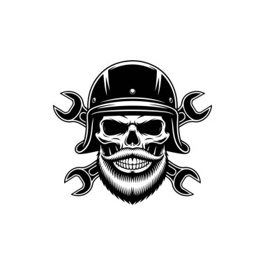 Sakallı bir kafatasının siyah-beyaz çizimi klasik bir motosiklet kaskı takıyor ve arkasında çapraz anahtarlar olan gözlükler takıyor. Motorcu ve garaj logoları için ideal..