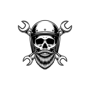 Sakallı bir kafatasının siyah-beyaz çizimi klasik bir motosiklet kaskı takıyor ve arkasında çapraz anahtarlar olan gözlükler takıyor. Motorcu ve garaj logoları için ideal..
