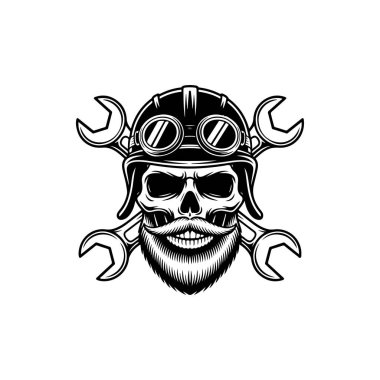 Sakallı bir kafatasının siyah-beyaz çizimi klasik bir motosiklet kaskı takıyor ve arkasında çapraz anahtarlar olan gözlükler takıyor. Motorcu ve garaj logoları için ideal..