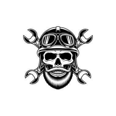 Sakallı bir kafatasının siyah-beyaz çizimi klasik bir motosiklet kaskı takıyor ve arkasında çapraz anahtarlar olan gözlükler takıyor. Motorcu ve garaj logoları için ideal..
