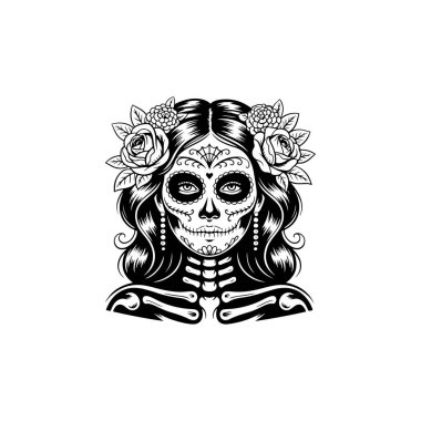 Catarina şekerli kafatası makyajı ve saçında güller olan bir kadının siyah beyaz vektörü. Dia de los Muertos kutlamaları ve hisse tasarımı için ideal..