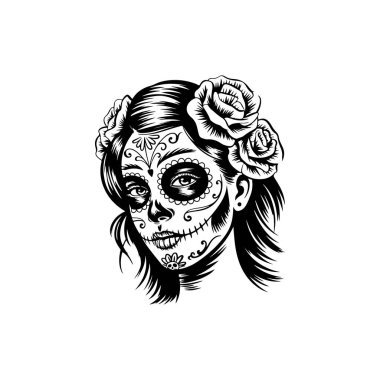 Catarina şekerli kafatası makyajı ve saçında güller olan bir kadının siyah beyaz vektörü. Dia de los Muertos kutlamaları ve hisse tasarımı için ideal..