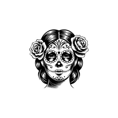Catarina şekerli kafatası makyajı ve saçında güller olan bir kadının siyah beyaz vektörü. Dia de los Muertos kutlamaları ve hisse tasarımı için ideal..